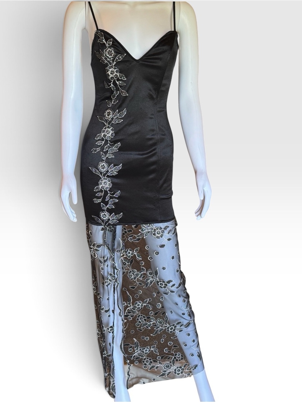 All that Jazz Black Satin Slip Dress with Floral Embroidered Sheer Skirt